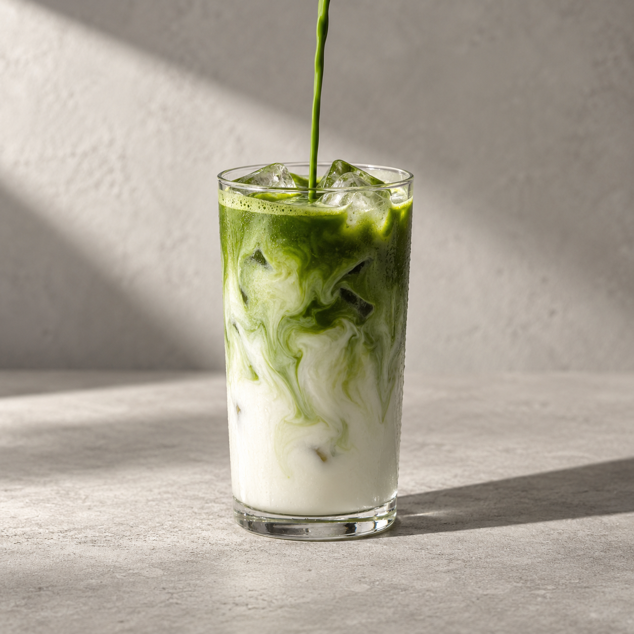 An iced matcha latte with a soft cream foam topping beside a bamboo whisk
